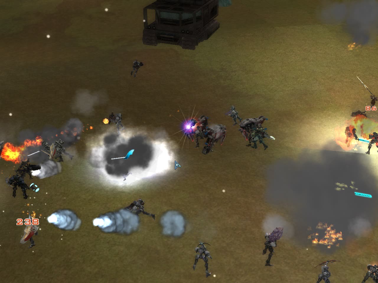 An open-field battle between players of different races in RF Online, with explosions and spell effects