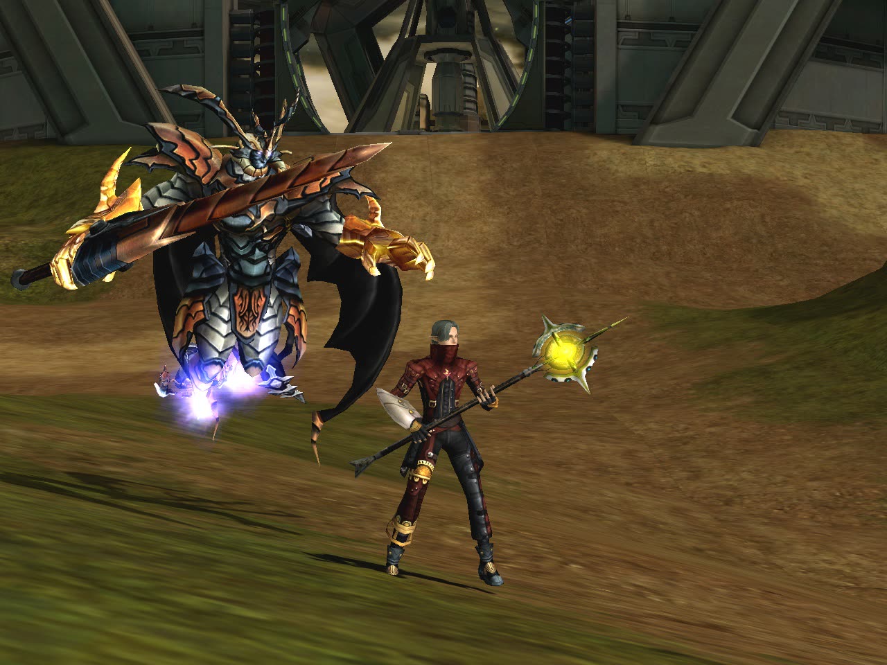 A Cora spiritualist with a summoned Animus at the gate of a base in RF Online