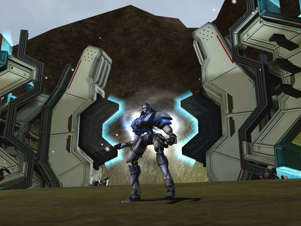 An Accretian soldier in a machine body standing in the gate of the Accretian base in RF Online