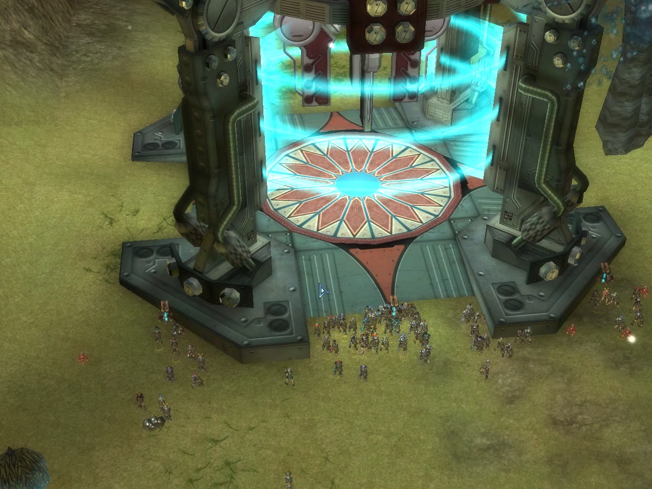 A race control chip in the Crag Mine during the Chip War in RF Online, with players gathered around its base