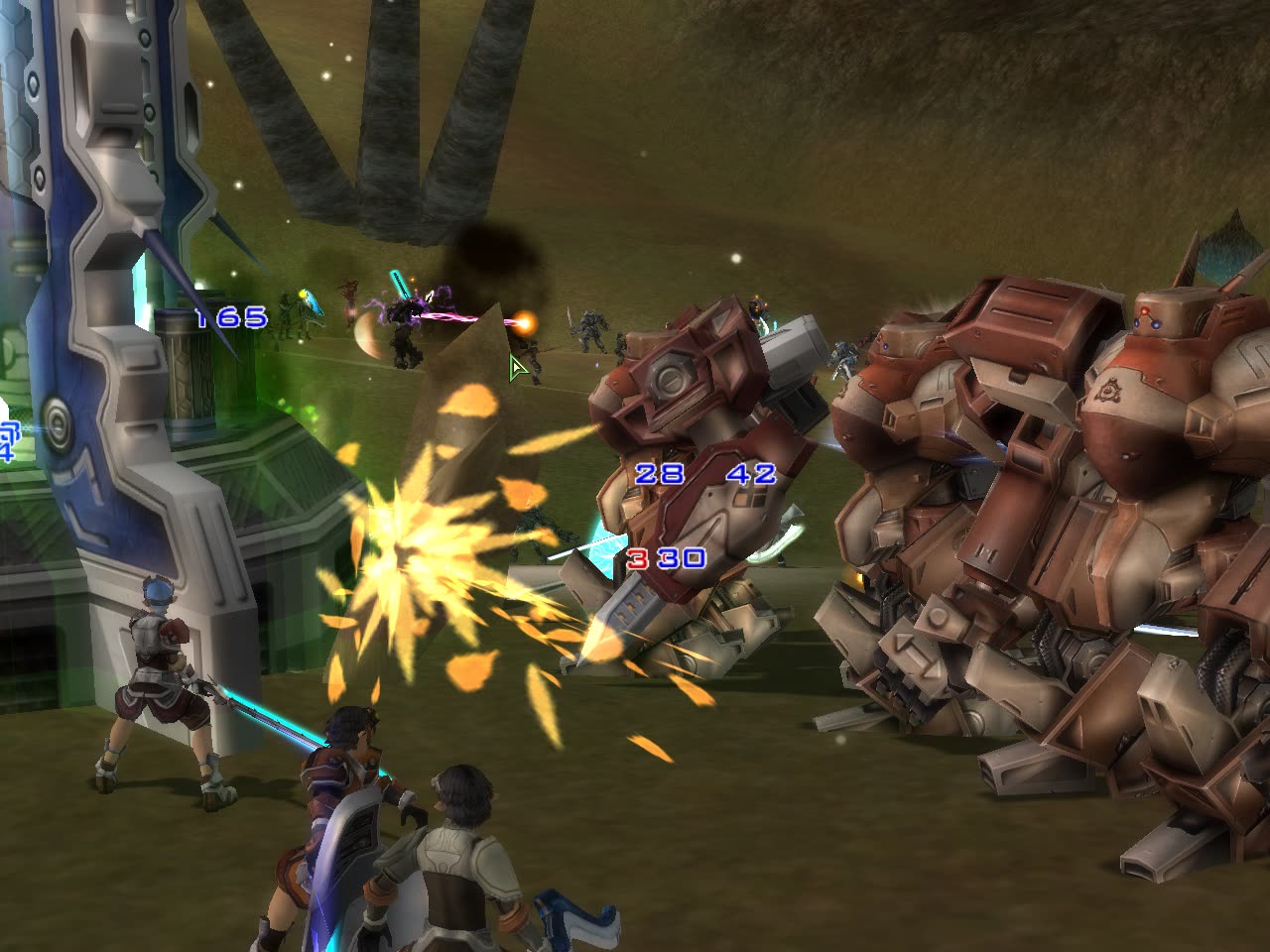 Bellato MAU battle mechs fighting next to a base wall in RF Online